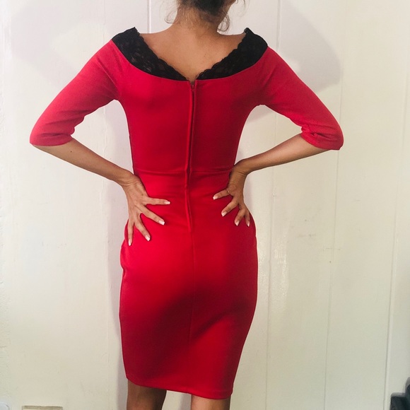VENUS sexy red with black lace midi dress - Picture 1 of 3